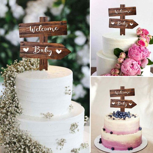 Rustic Welcome Baby Cake Topper in Wood Boy or Girl Announcement Neutral Wooden Cake Decoration for Baby Shower, Gender Reveal Party Decorations