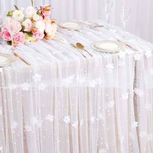 10Pcs 10ft White Pearl Tulle Tablecloth: Flower Pearl Table Runner Tulle Fabric Wedding Table Cover for Bridal Shower Veil Dessert Sweetheart Ceremony Lace Table Decorations