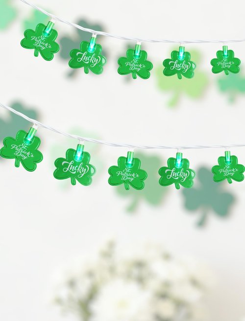 Adirxon 12FT St Patricks Day String Lights - 20 LED Shamrock Lights with St. Patrick's Day & Lucky Printed Text, Connectable Green Clover Decor for Pub Party Home Outdoor Indoor (White Wire)