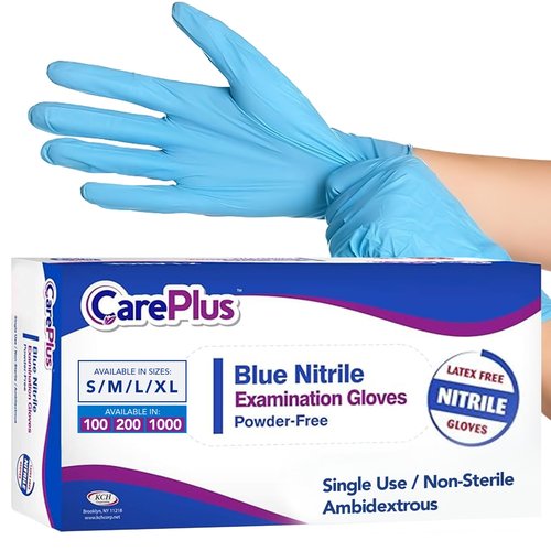 CARE PLUS 1000 Count Extra Large Size Medical Grade Examination Nitrile Blue Gloves, 3 Mill, Rip Resistant, Powder Allergy and Latex Free, Non Sterile, Single Use