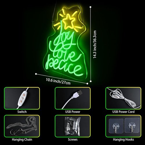 Christmas Tree Neon Sign - USB Powered LED Wall Decor for Peace, Love & Joy | Perfect Holiday Gift