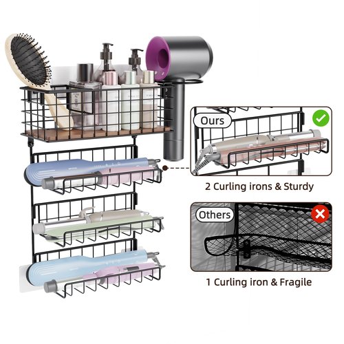 3 Tiers Hair Tool Organizer Wall Mounted, Holds 2 Curling Irons Per Shelf Heat-Resistant, Storage Basket for Hair Tools, Adhesive and Screw Mount for Hair Dryer Straightener in Bathroom Cabinet, Black