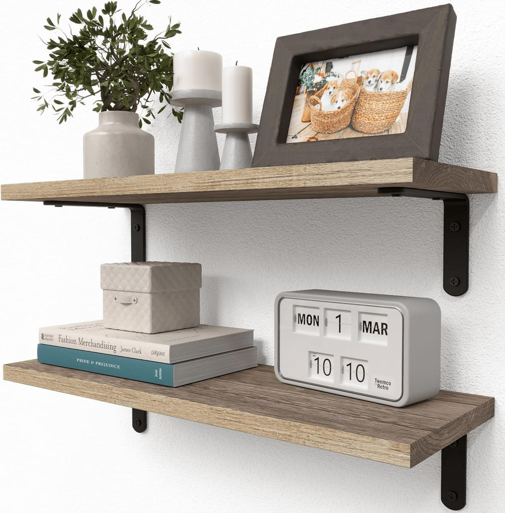 RICHER HOUSE Rustic Wood Floating Shelves - Set of 2 Farmhouse Style Wall Décor | Carbonized Black