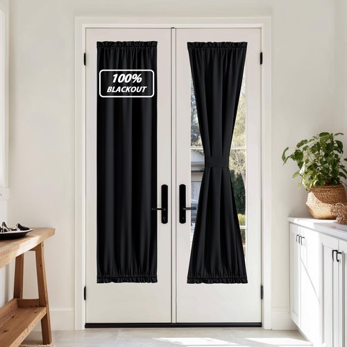 NICETOWN French Door Curtains for Door Window, 100% Blackout Privacy Thermal Insulated Window Covering for French Front Glass, 1 Panel, Black, 25 x 72 inches Long