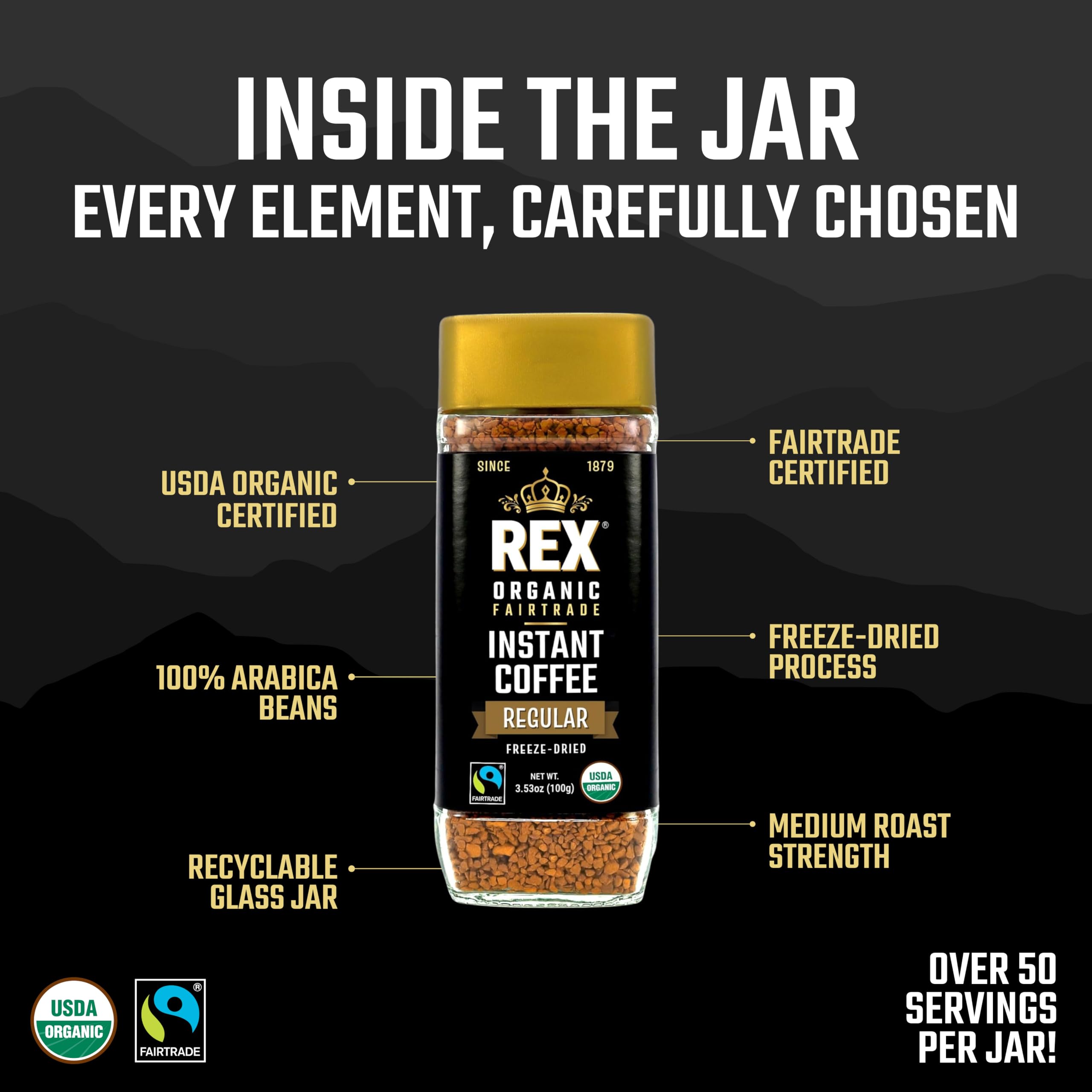 Rex Coffee Organic Fairtrade Freeze-Dried Instant Coffee – Medium Roast Arabica, 3.53 oz Glass Jar – Lab Tested for Mold, Mycotoxins, Heavy Metals, & Acrylamide