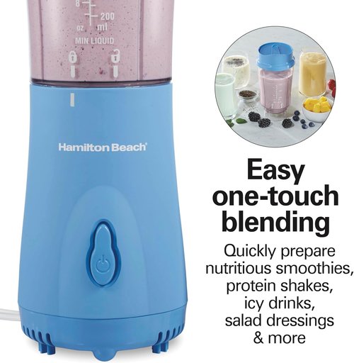 Hamilton Beach Portable Blender - 14 Oz BPA-Free Travel Cup & Lid, Durable Stainless Steel Blades, Tranquil Blue