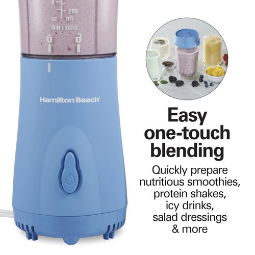 Hamilton Beach Portable Blender for Shakes and Smoothies, 14 Oz BPA Free Travel Cup & Lid, Durable Stainless Steel Blades, Personal Smoothie Blender, Tranquil Blue (51172)
