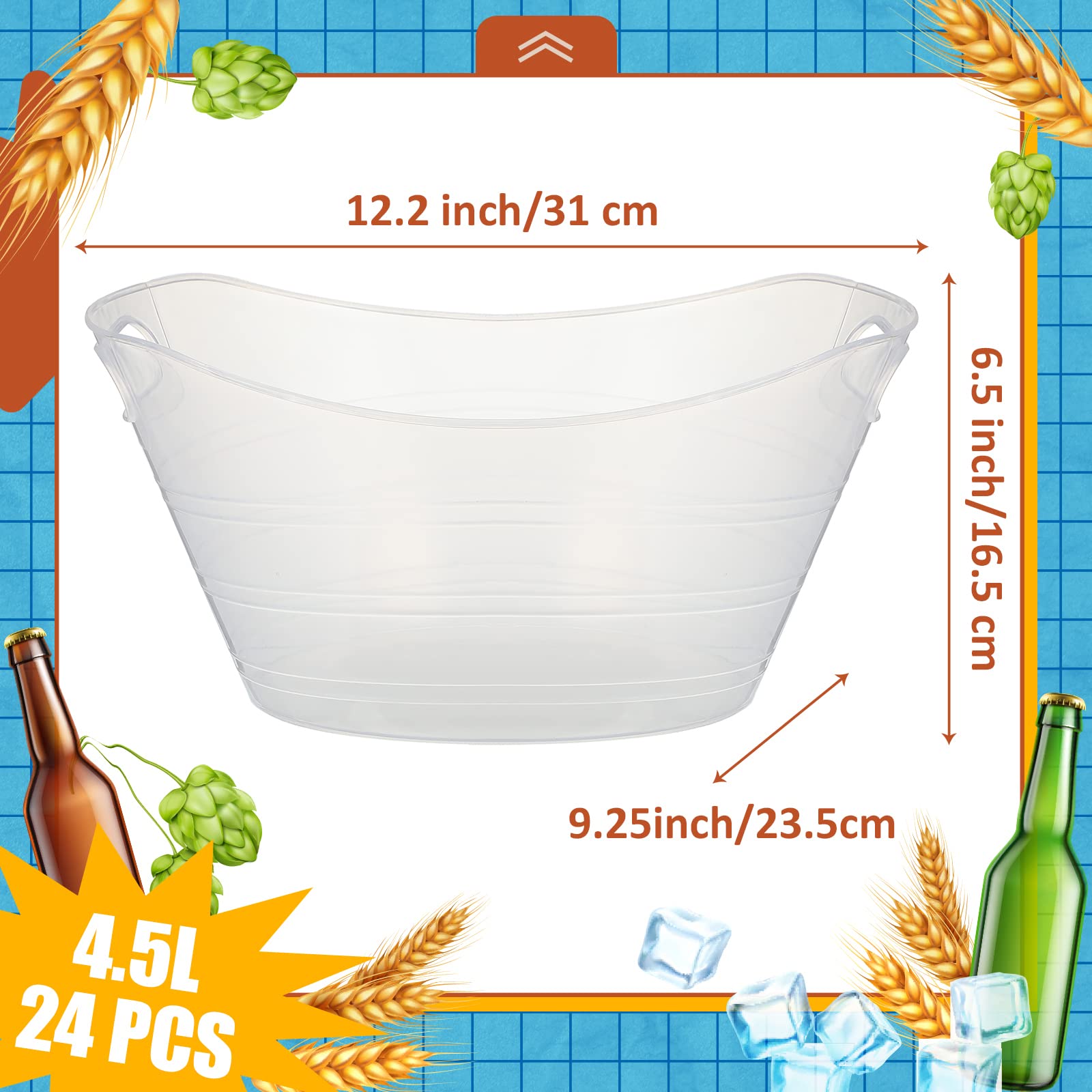 Norme 24 Pcs Oval Storage Tub with Handles, 4.5l Plastic Ice Buckets Bulk for Wine Beer Champagne Drink Cooler Beverage Storage Tub for Parties BBQ Weddings Party Outdoor Celebration(Clear)