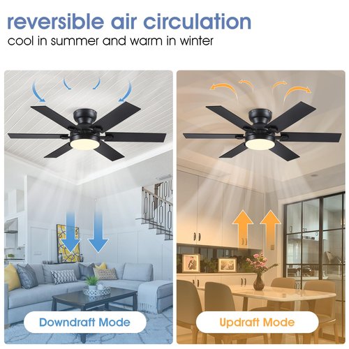 Goniyado 52" Black Low Profile Ceiling Fans with Lights and Remote, Modern Flush Mount Ceiling Fans with Quiet DC Motor, 6 Speeds Reversible