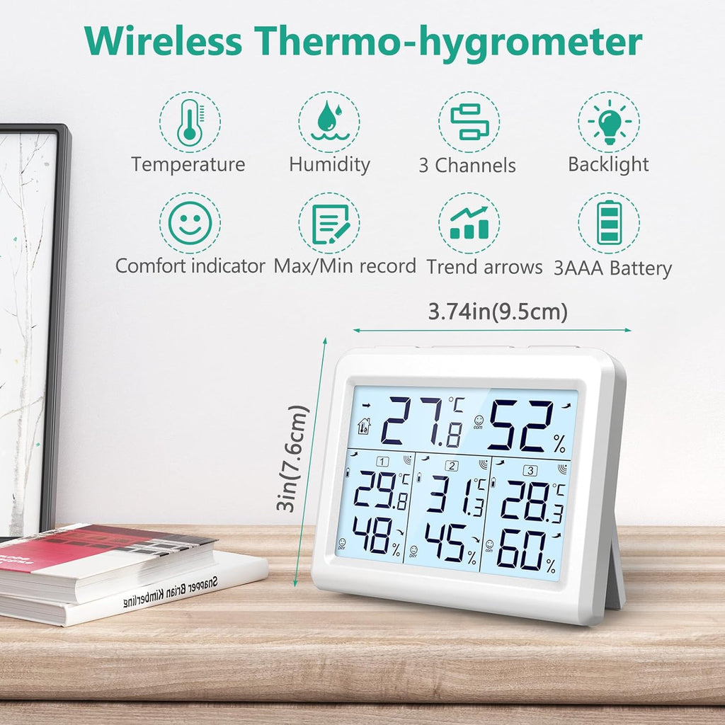 ORIA Digital Indoor Outdoor Thermometer - Wireless Temperature & Humidity Gauge with 3 Sensors | LCD Backlight, White