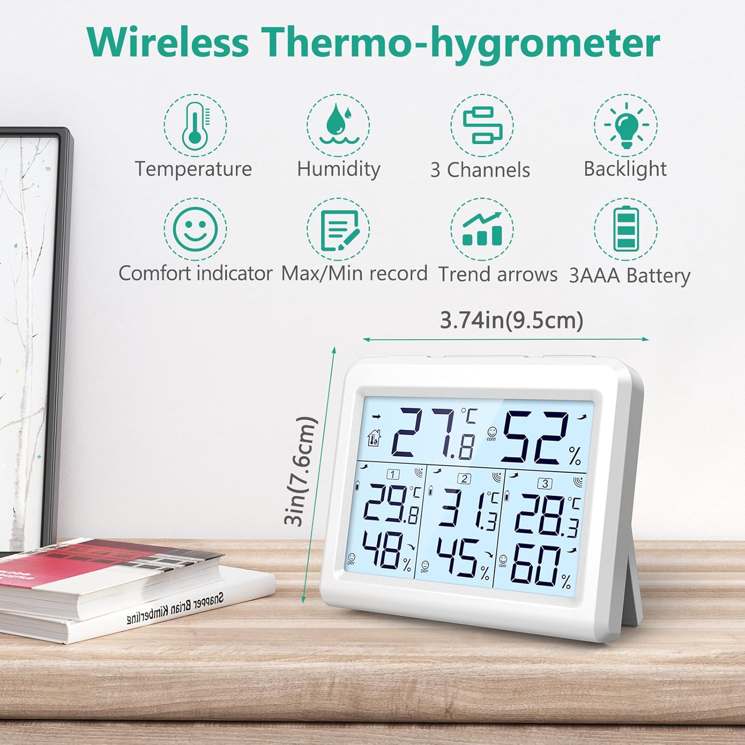 ORIA Digital Indoor Outdoor Thermometer - Wireless Temperature & Humidity Gauge with 3 Sensors | LCD Backlight, White