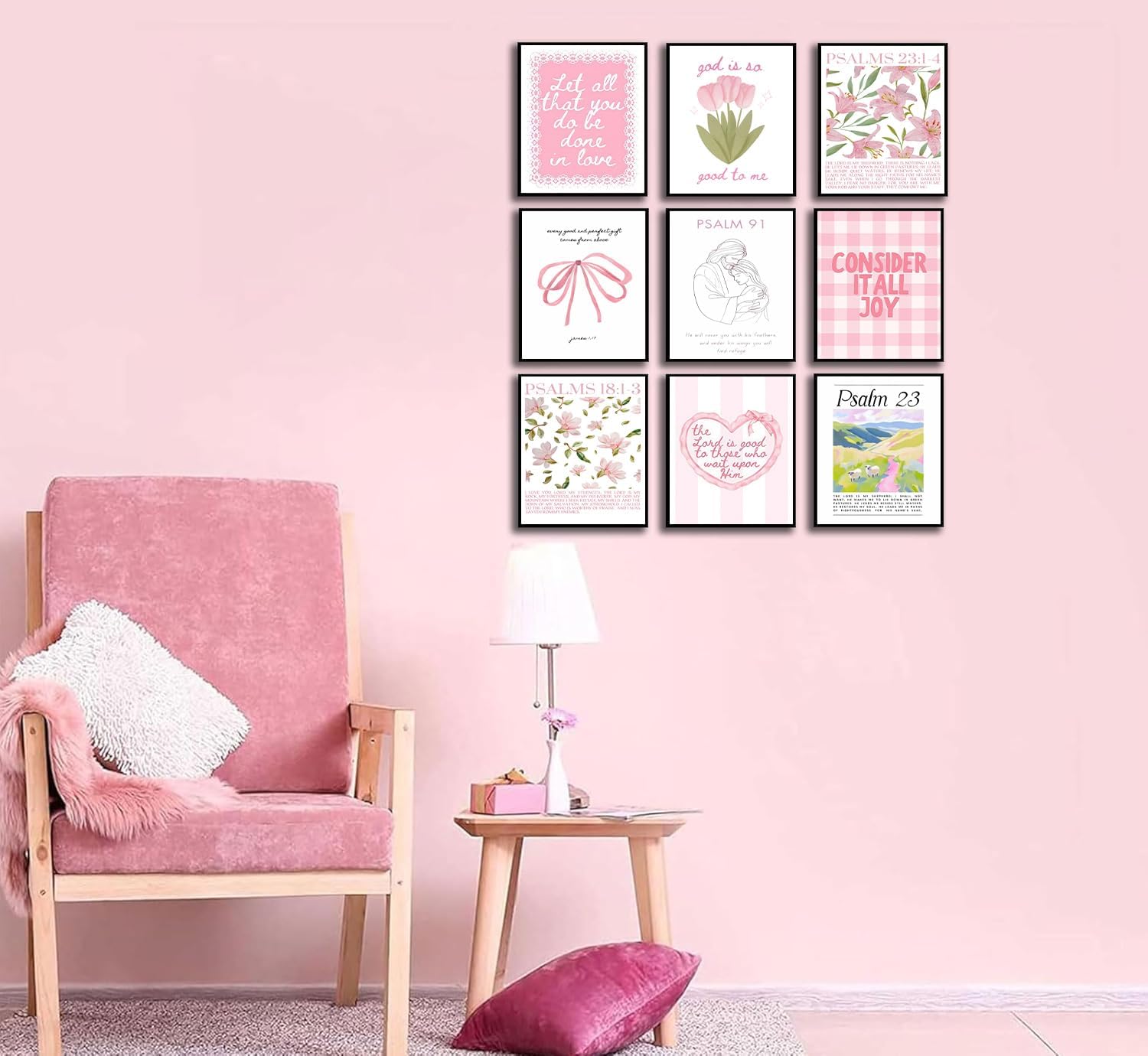 Skiennix 9-Piece Pink Christian Wall Art Set - Trendy Bible Verse Prints for Girls' Rooms | 8x10 Inch Decor