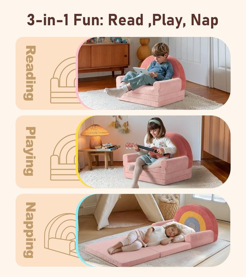 little dove Extra Wide Soft Toddler Couch Fold Out, 2-in-1 Kids Couch, Convertible Kids Sofa to Lounger, Comfy Toddler Chair, Kid Furniture for Playroom, Ideal Gifts for Boys & Girls, Pink