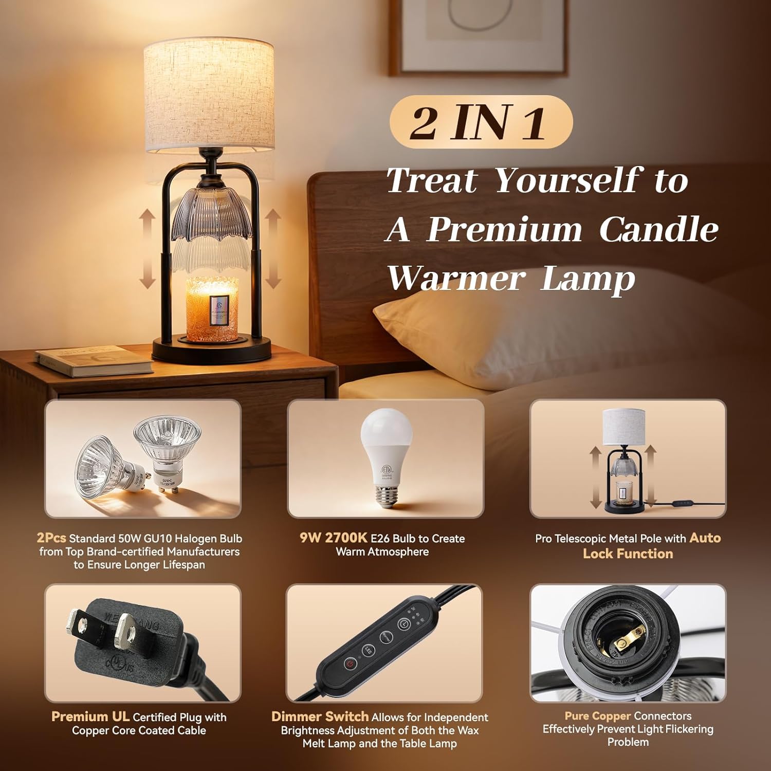 Skiennix Safe Candle Warmer Lamp - Flameless Electric Wax Melt Warmer for Large 3-Wick Candles | Adjustable Height, Timer, Black