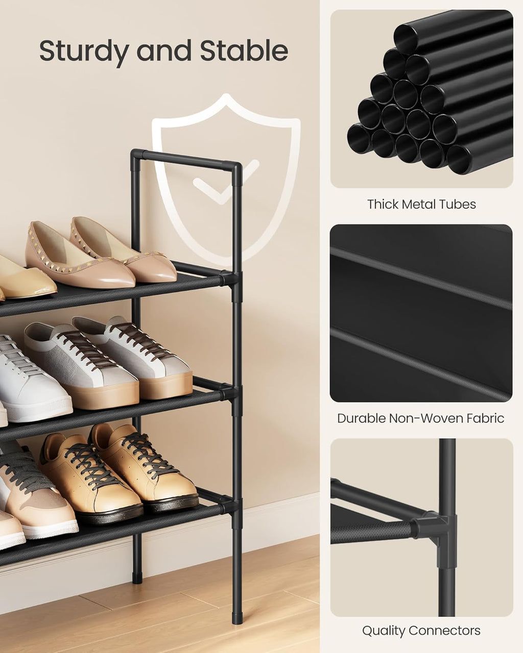 SONGMICS 3-Tier Shoe Rack - Slim Space-Saving Storage for Hallway Closet - Metal Frame, Black