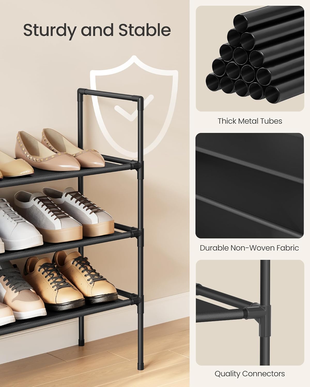 SONGMICS 3-Tier Shoe Rack - Slim Space-Saving Storage for Hallway Closet - Metal Frame, Black