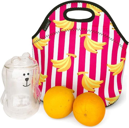 Allydrew Insulated Neoprene Lunch Bag - Stylish Zipper Tote in Bananas and Stripes Design