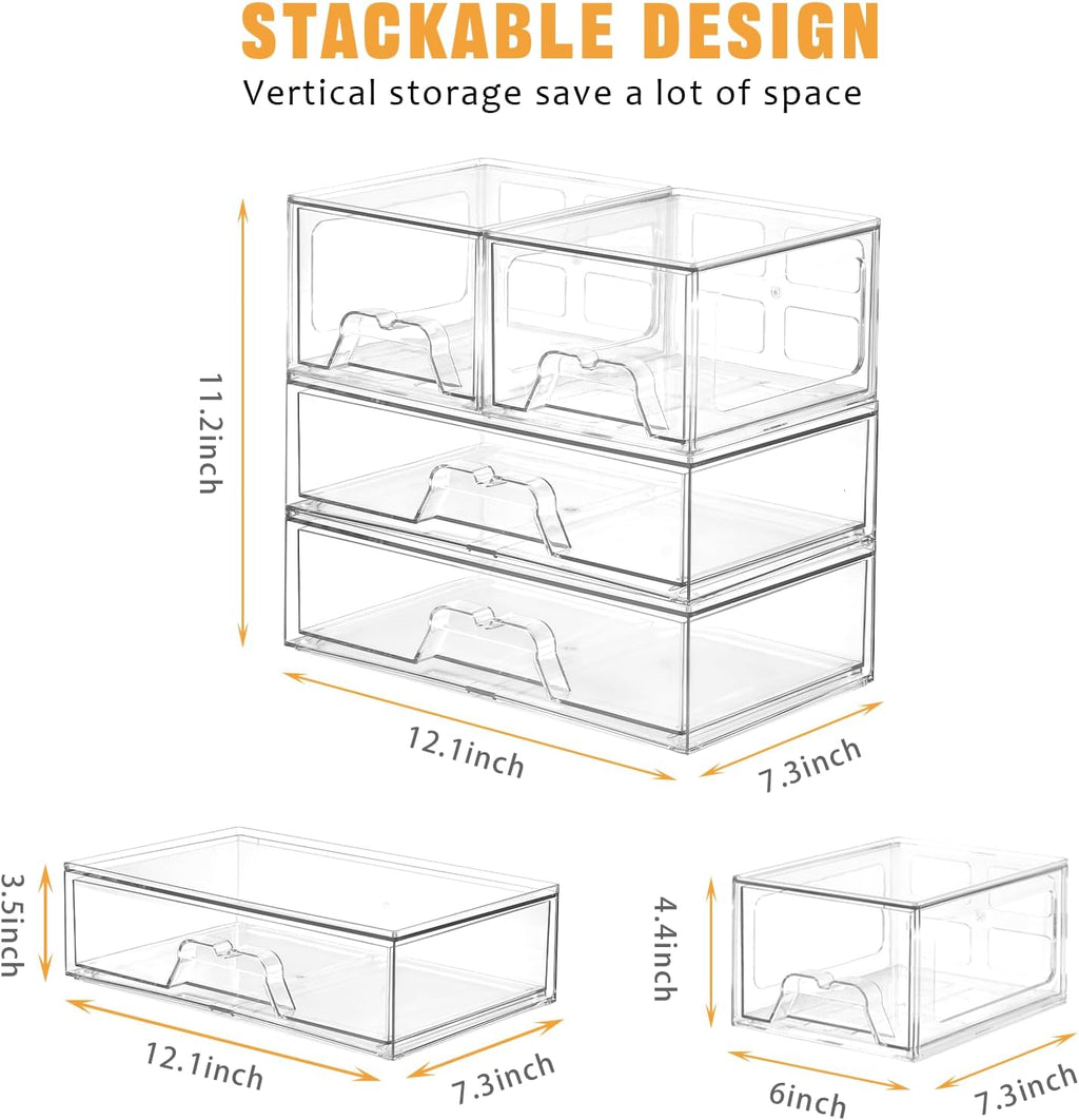 Stebopum Clear Acrylic Storage Drawers - 4 Pack Stackable Makeup Organizer for Bathroom & Vanity