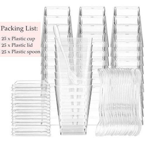 TOFLEN 25 Pack 5 oz Plastic Dessert Cups with Lids for Party, Mini Dessert Cups with Spoons Dessert Shooter Cups for Yogurt Parfait, Appetizer, Pudding, Fruit and Ice Cream