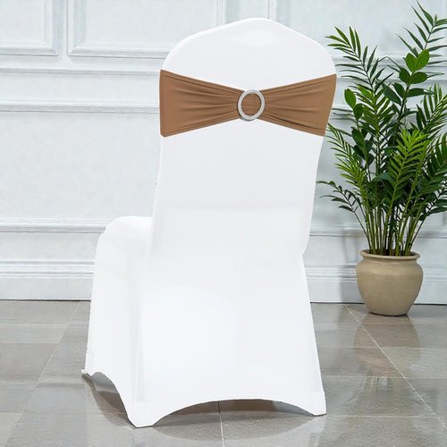 MDS Premium Stretch Chair Sashes - Pack of 25 Elastic Covers with Buckle Slider | Mocha for Weddings & Events