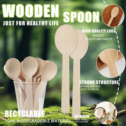 VIVAVENTURE Disposable Wooden Spoons Wood Soup Spoons, 6" Wooden Cutlery Spoon 100 Count Disposable Spoons Compostable Utensils for Hot Soup Milk Shake Salad