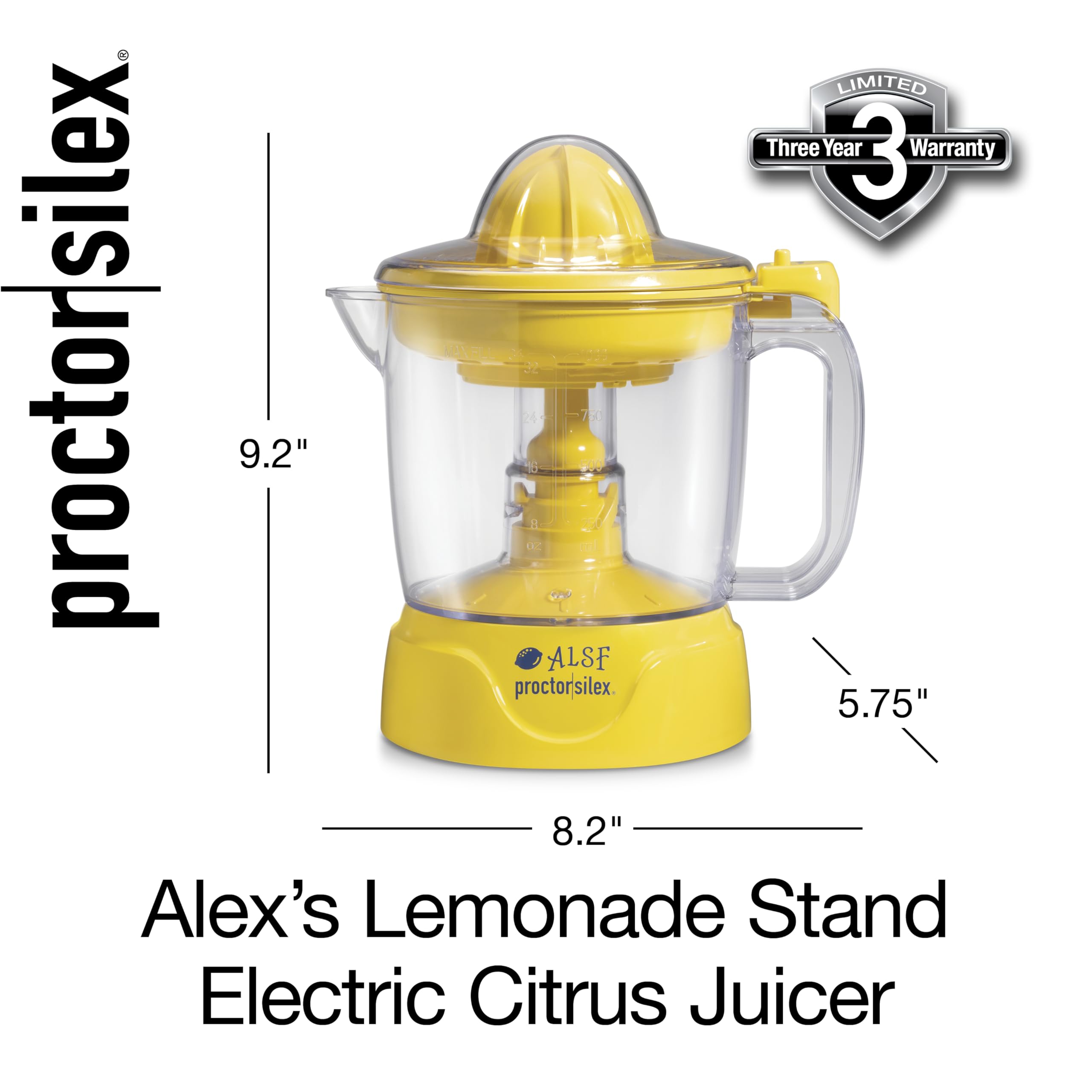 Proctor Silex Alex's Lemonade Stand Electric Citrus Juicer Machine and Squeezer, for Lemons, Limes and Oranges, 34 oz, Yellow (66331)
