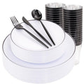 EI 180pcs White Plastic Dinnerware Set Include Black Disposable Silverware,Dinner and Dessert Plates,Cups,White Plastic Plates with Black Rim Perfect for Wedding,Birthday,Partys,Business Events,Hotel
