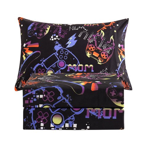 JSD Black Gaming Sheet Set Twin Size, 3 Piece Soft Kids Boys Printed Microfiber Bed Sheets Deep Pocket