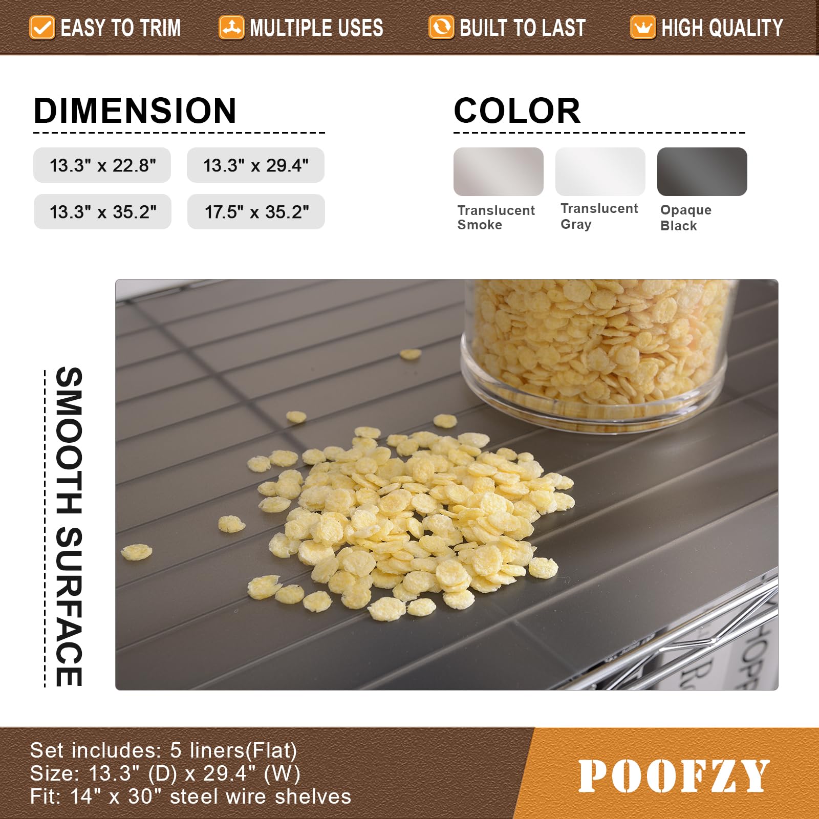 Poofzy Wire Shelf Liner 16" X 36", Non-Adhesive Plastic Shelf Liners for Wire Shelving, Waterproof Protector Mats (5PK, Gray)