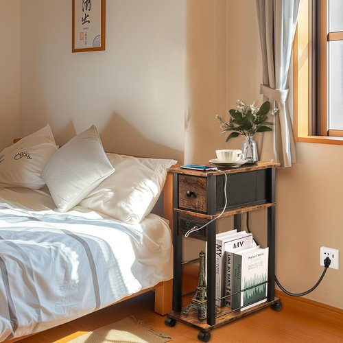 DGSANDGO Sofa Side Table Narrow End Table (1PC) - Rustic Brown & Black Two-Tone, Side Table with Charging Station (1 AC + 2 USB) & Storage Drawer, 4 Wheels Mobile Nightstand for Bedroom Living Room