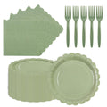 150Pcs Sage Green Paper Plates and Napkins,50 Sage Green Guest Scalloped Paper Tableware Forks Disposable Dinnerwaret Kit for Baby Shower Bridal Wedding Birthday Party New Year Decorations (7inch)