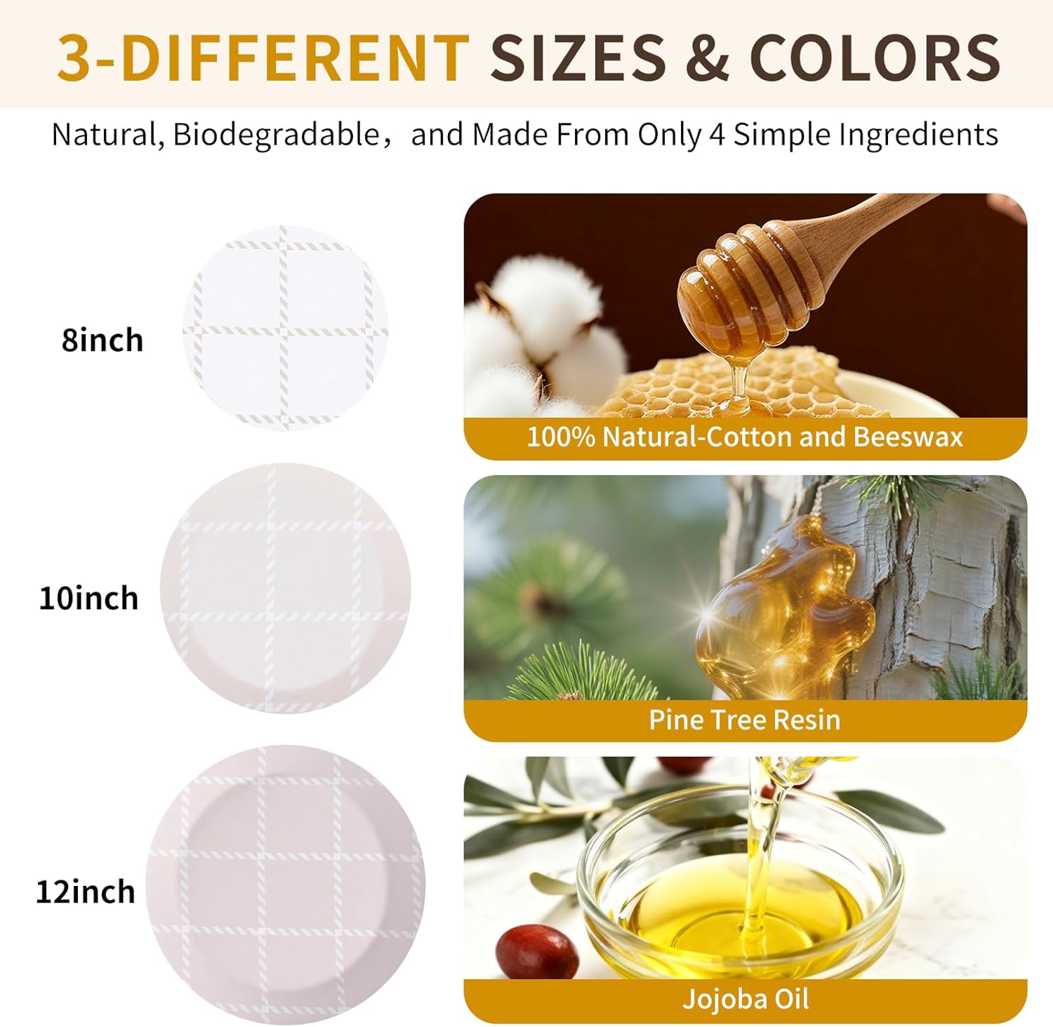 Skiennix Reusable Bowl Covers - 3-Pack Beeswax Covers for Bread Proofing | 100% Organic Cotton, 8/10/12 Inch