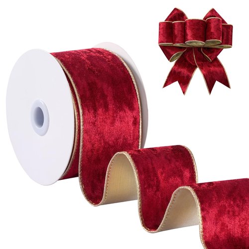 FAKILO Wired Velvet Ribbon 2-1/2 inch, Red Metallic Velvet Wire Ribbon for Wreath, Christmas Tree, Gift Wrapping, Large Bows, Garland, Festival Decor - Continuous 10 Yards/Roll