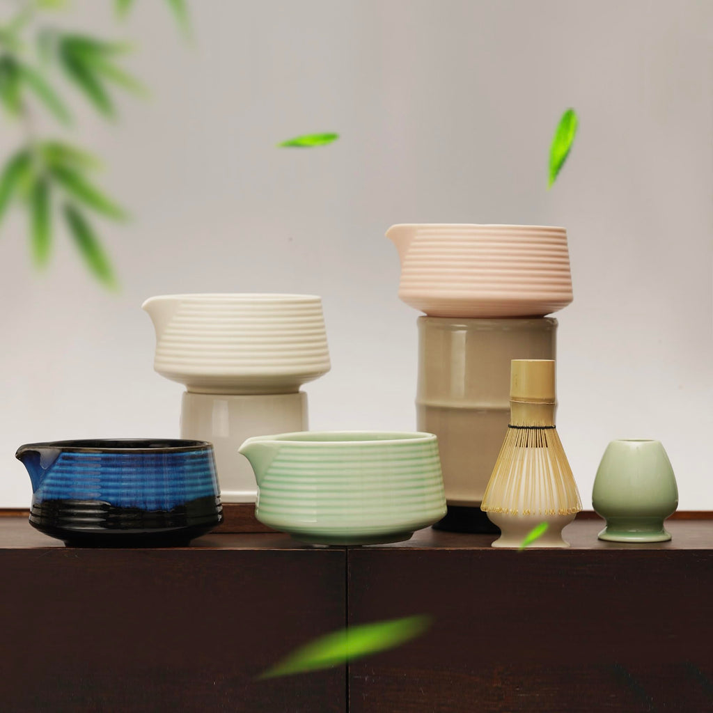 EINZUFUF Matcha Set - 4-Piece Japanese Matcha Whisk Set, Includes Bowl with Spout, Whisk, Scoop & Holder, Ceramic White