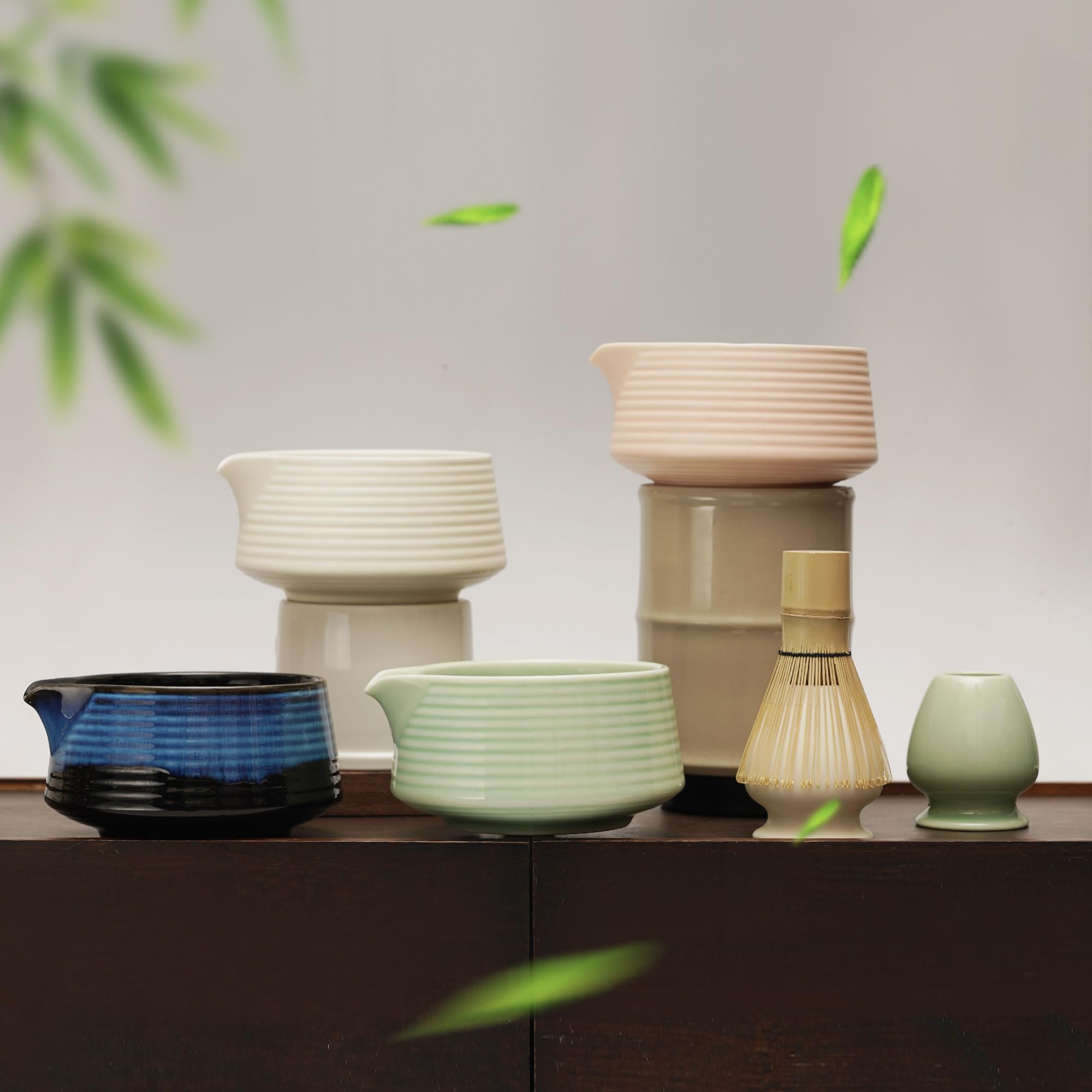 EINZUFUF Matcha Set - 4-Piece Japanese Matcha Whisk Set, Includes Bowl with Spout, Whisk, Scoop & Holder, Ceramic White