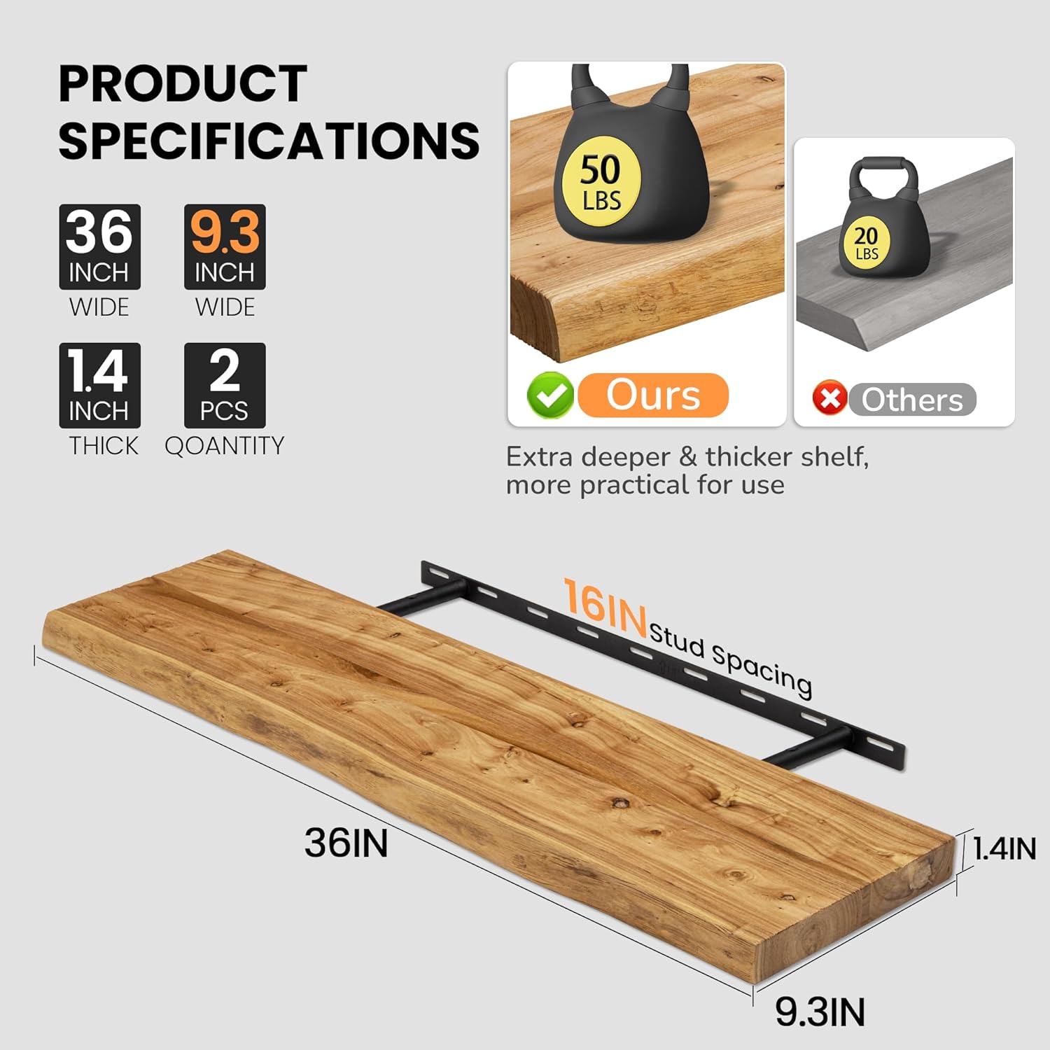Rustic Elm Wood Floating Shelves by [Brand Name] - Heavy-Duty 36"x9.3" Set of 2 with Invisible Brackets | Natural Finish for Living Room, Bedroom, Kitchen