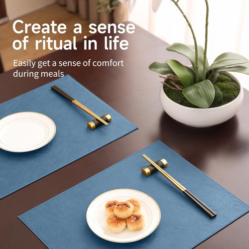 Black Faux Leather Placemats Set of 6, Waterproof Kitchen Blue Table Mats for Dining, Reversible PU Placemats in Crazy Horse Look, Oilproof Wipeable Bridle Leather Placemat for Office 12x18 Inch