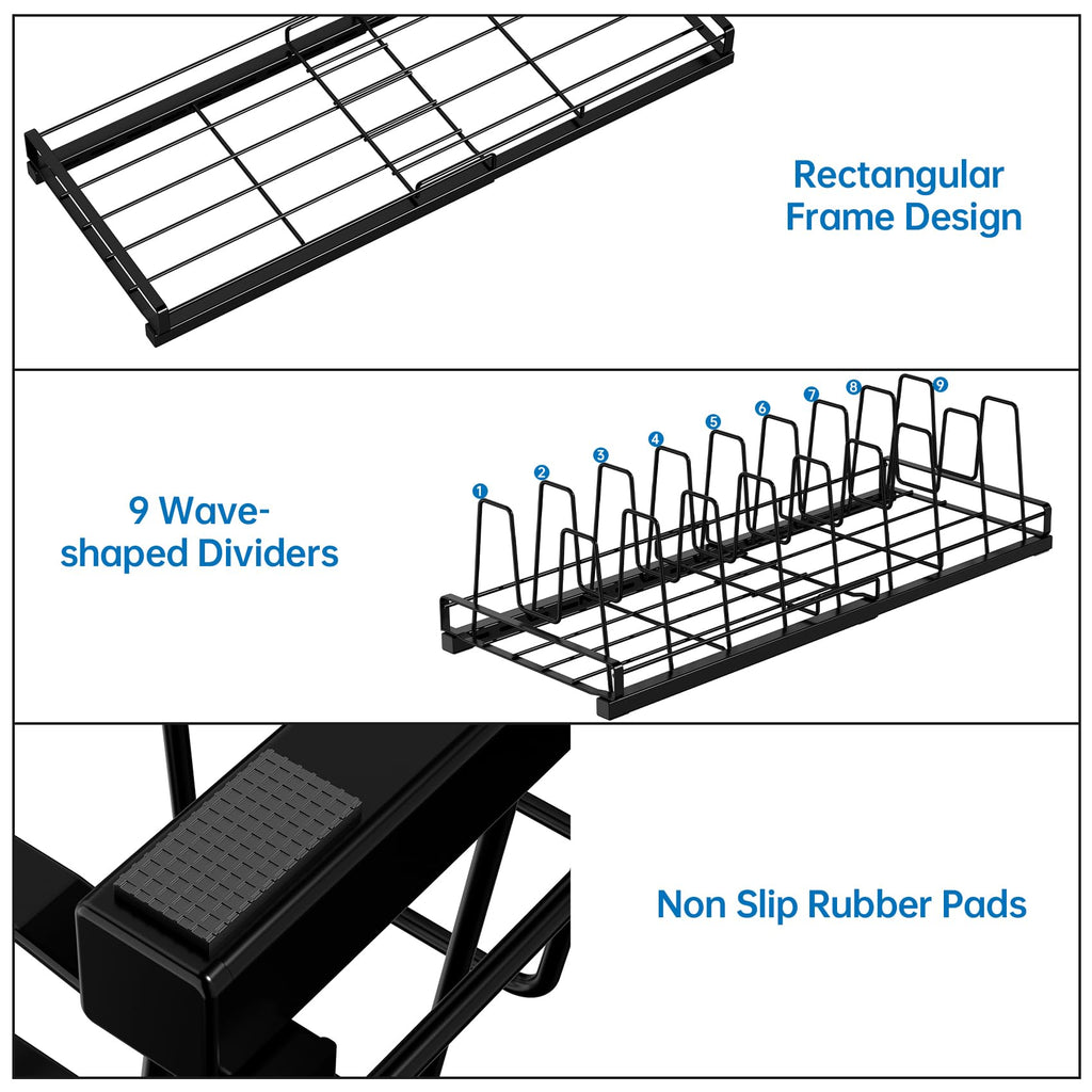 GAGUIUP Premium Adjustable Kitchen Bakeware and Pan Organizer - Food Container Lid Organizer Ideal for Cabinet, Drawers, Cupboard, Pantry Storage, Matte Black