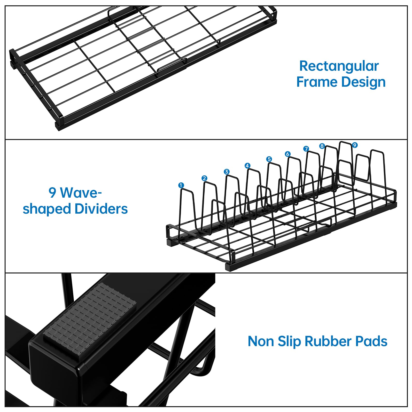 GAGUIUP Premium Adjustable Kitchen Bakeware and Pan Organizer - Food Container Lid Organizer Ideal for Cabinet, Drawers, Cupboard, Pantry Storage, Matte Black