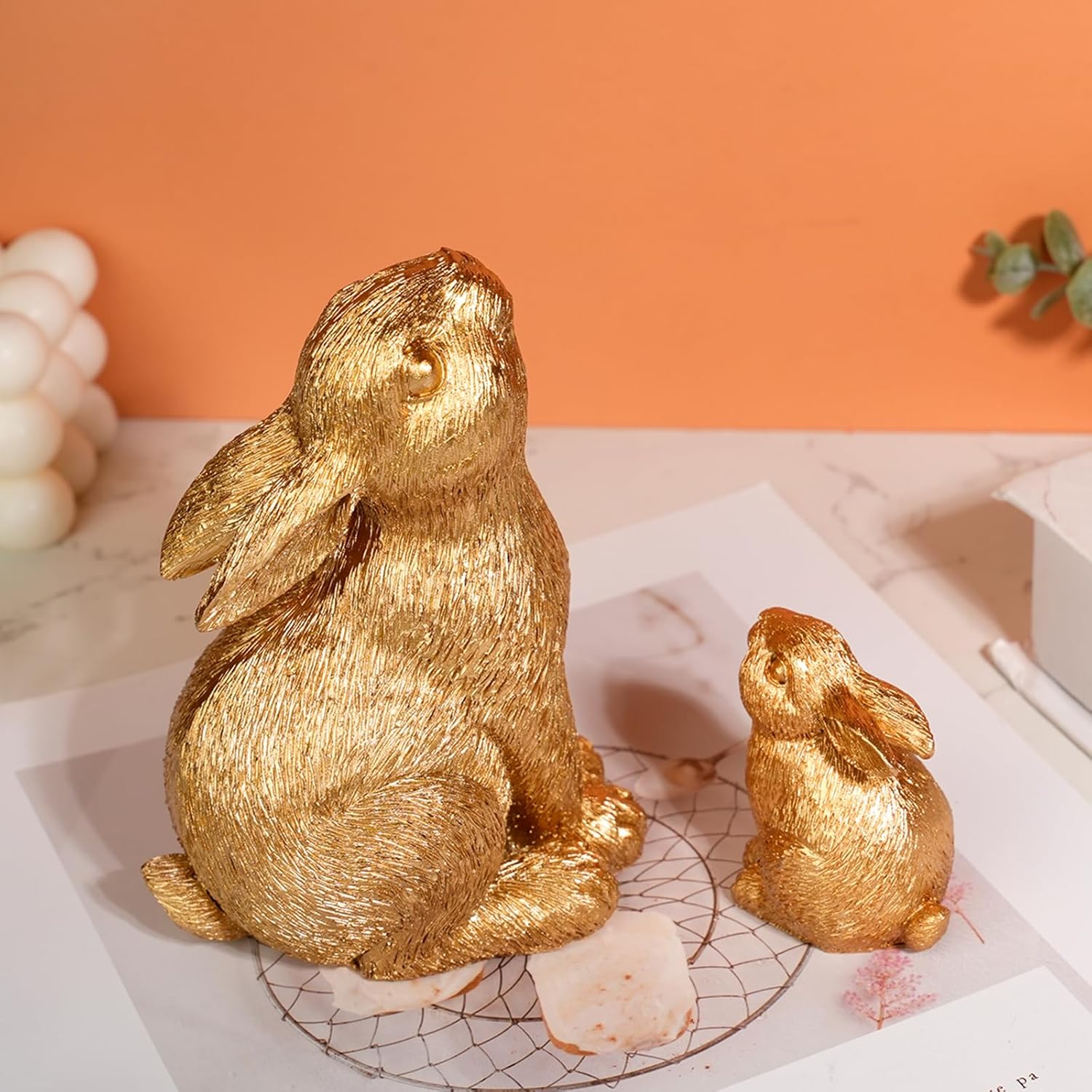 Regine Switzerland Easter Rabbit Resin Statues - Charming Outdoor Patio Decor | 2-Piece Set in Gold