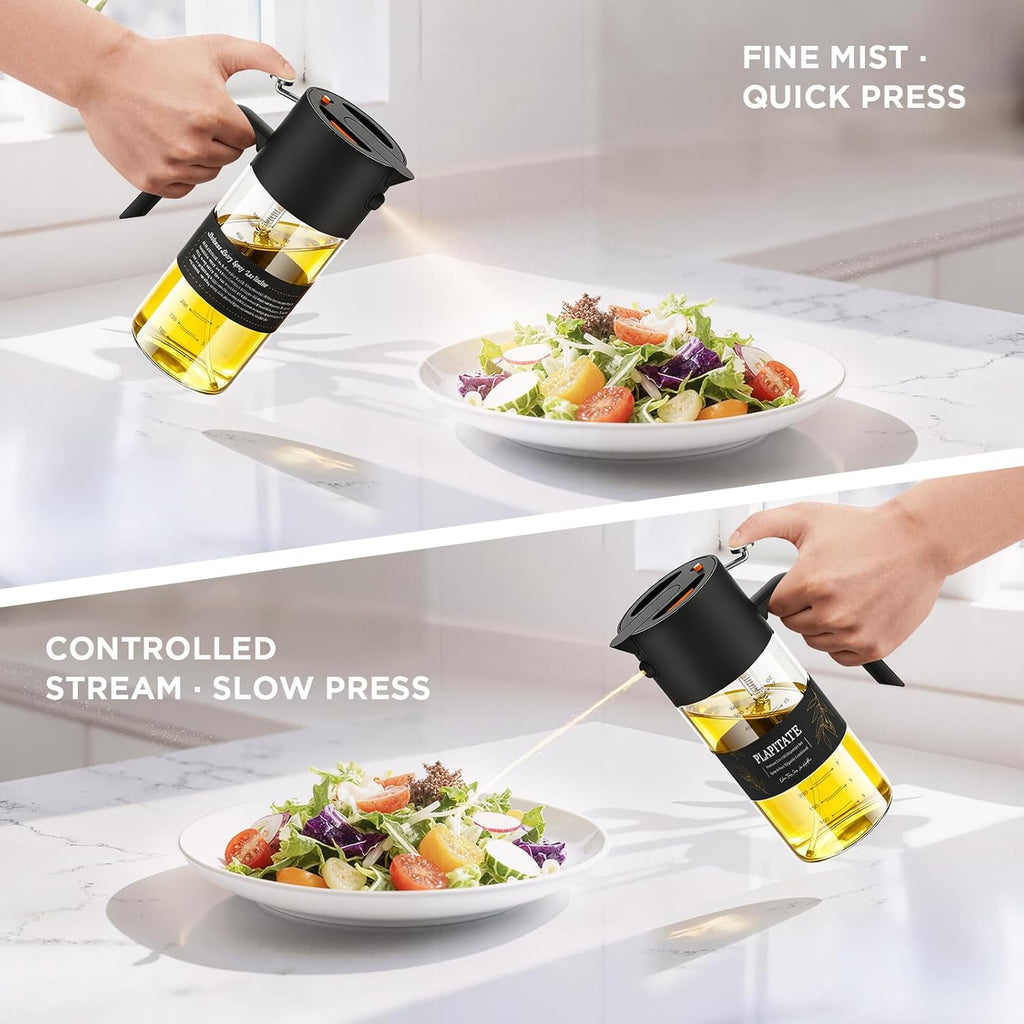 PLAPITATE Premium Olive Oil Sprayer - 17oz Glass Dispenser with Portion Control for Cooking | Black
