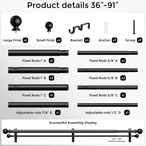 Double Curtain Rod, 1 Inch Black Dual Curtain Rods for Windows 48 to 84 Inch, Decorative Adjustable Heavy Duty Telescopic Spliced Window Treatment Rods Set for Bedroom Living Room Farmhouse