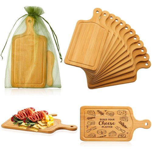 Nuenen 20 Pcs Mini Wooden Charcuterie Board Bulk, Small Wood Cutting Board for Crafts Laser Engraving with Knives Organza Bags Wedding Baby Shower Favors Gift (Square,Bamboo Color)