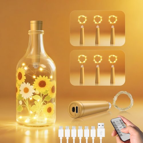 Ymenow USB Bottle Lights with Cork, 6pcs 2M 20 LED Rechargeable Battery Mini Fairy Lights with Timer & Remote Control for Wine Bottles DIY Home Table Gift Dinner Party Valentines Day Decorations