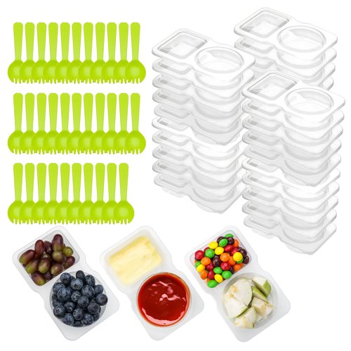 64 Pcs Reusable Snack Containers, 32 Sets Condiment Container and 32 Spoon, Double Compartment Dipping Containers with Lids, Portion Control, Outdoor Takeaway Sauce Dip Case, BPA-Free, Microwave Safe