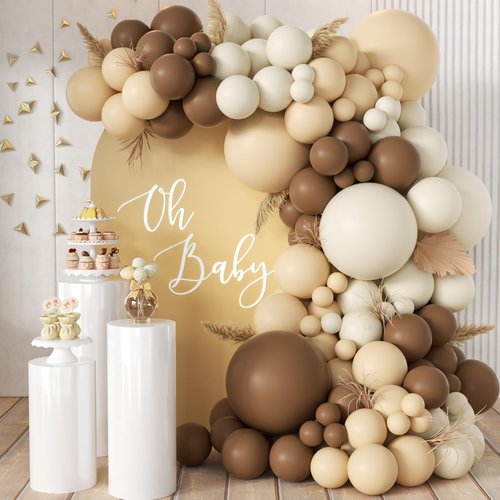MEBAY Boho Brown White Nude Balloon Garland Arch Kit, 155Pcs Dark Brown White Sand Neutral Latex Balloons for Woodland Teddy Bear Baby Shower Wedding Birthday Party Decorations