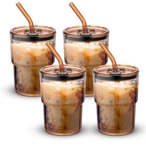 BLUEPOLAR 13 oz Tumbler Water Glass, Water Bottle with Straw and Dustproof Lid, Coffee Ice Cup Double Wall Insulated Glass Cup (Amber-4pack)