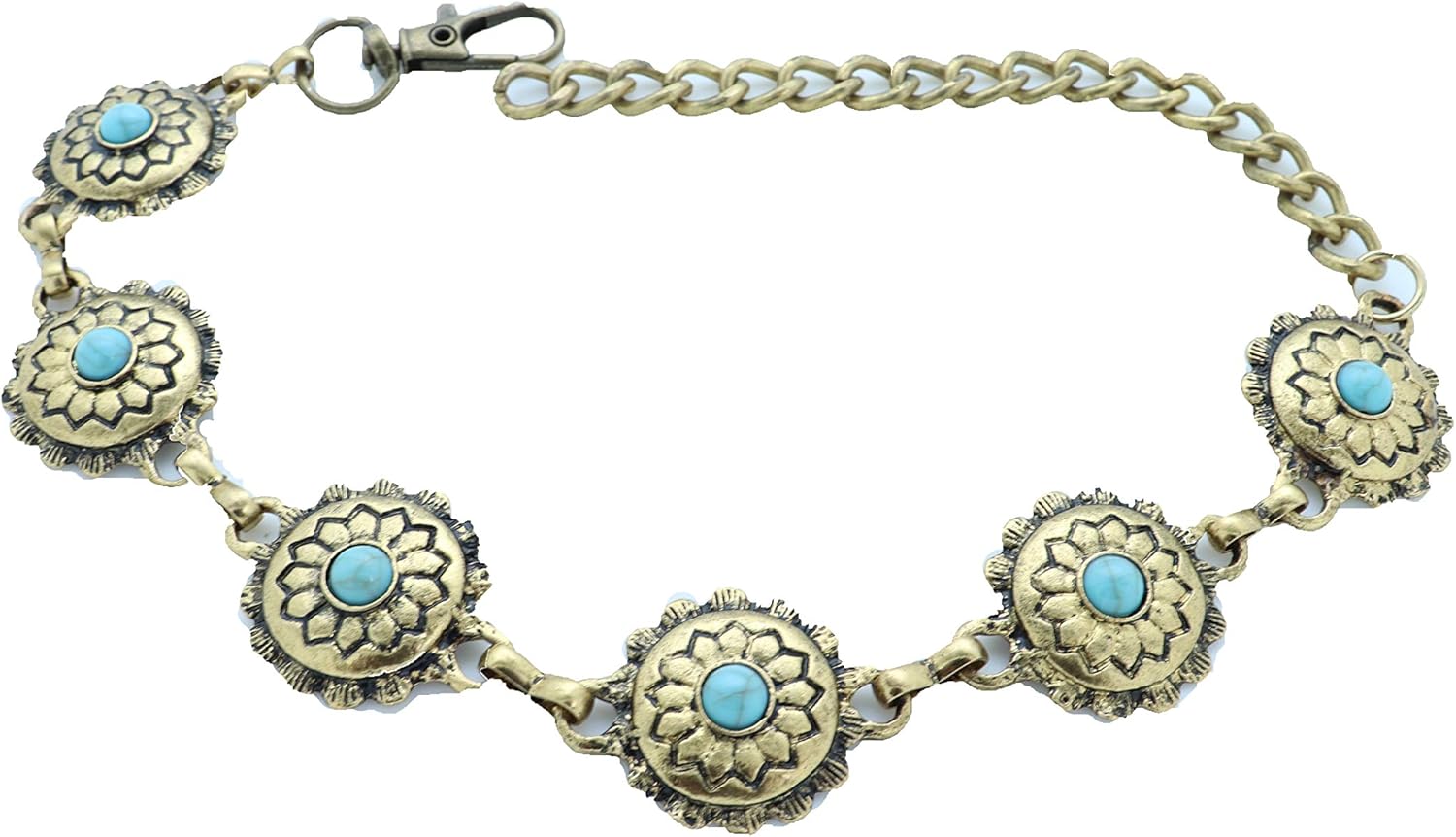 Skiennix Antique Metal Boot Chain Anklet - Western Fashion Jewelry with Turquoise Blue Beads