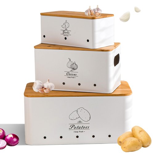 Tenforie Potato Onion and Garlic Storage Bin Set of 3, White Metal Kitchen Vegetable Canisters with Bamboo Lid and Aerating Holes, Stackable Kitchen Storage Tin for Countertop Pantry