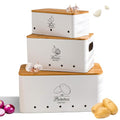 Tenforie Potato Onion and Garlic Storage Bin Set of 3, White Metal Kitchen Vegetable Canisters with Bamboo Lid and Aerating Holes, Stackable Kitchen Storage Tin for Countertop Pantry